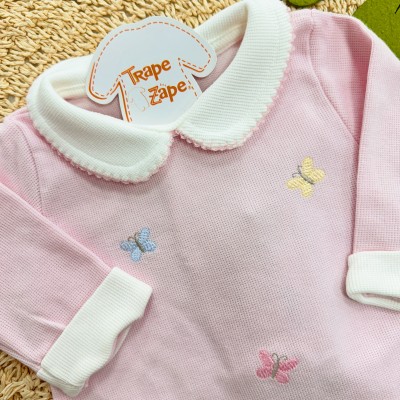  Macacão Tricotil (Tricot 100% Algodão) com Gola e Bordado - Rosa Bebê Borboletas